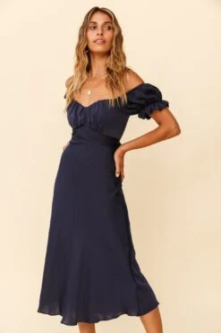 Linka Off-Shoulder Tie Back Midi Dress Navy -Bridal Dr. Denim Store 62235BK13 NAVY 4