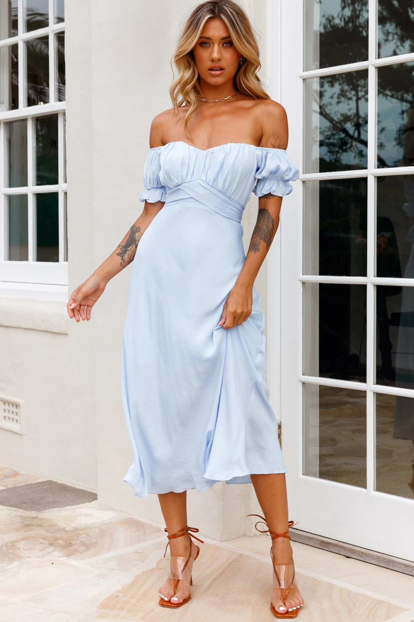 Linka Off-Shoulder Tie Back Midi Dress Steel Blue 1 Linka Off-Shoulder Tie Back Midi Dress Steel Blue