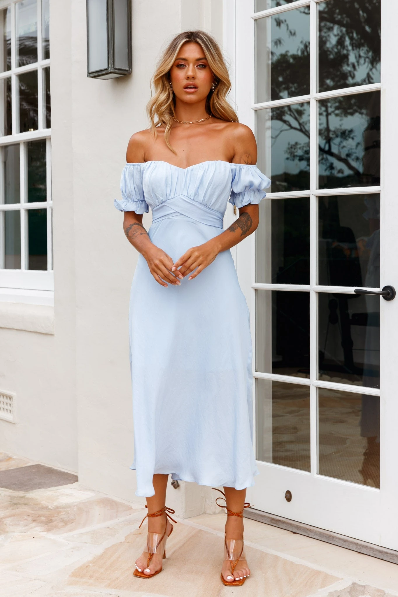 Linka Off-Shoulder Tie Back Midi Dress Steel Blue 5 Linka Off-Shoulder Tie Back Midi Dress Steel Blue - Image 5