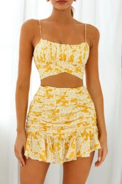 Linka Ruched Ruffle Skirt Leaf Print Yellow -Bridal Dr. Denim Store 62235BK29 S YELLOW 4