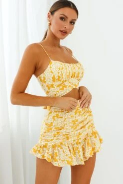 Linka Ruched Ruffle Skirt Leaf Print Yellow -Bridal Dr. Denim Store 62235BK29 S YELLOW 5