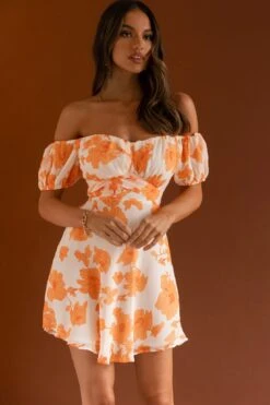 Linka Puff Sleeve Waist Tie Dress Floral Orange