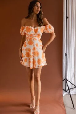 Linka Puff Sleeve Waist Tie Dress Floral Orange -Bridal Dr. Denim Store 62235BK90 20ORANGE 5