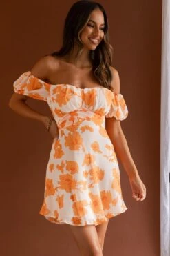 Linka Puff Sleeve Waist Tie Dress Floral Orange -Bridal Dr. Denim Store 62235BK90 20ORANGE 9
