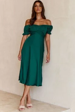Linka Off-Shoulder Tie Back Midi Dress Forest Green -Bridal Dr. Denim Store 62235bk13 forest green 1 2