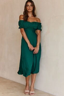 Linka Off-Shoulder Tie Back Midi Dress Forest Green -Bridal Dr. Denim Store 62235bk13 forest green 4 1