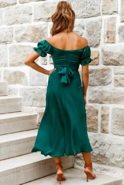 Linka Off-Shoulder Tie Back Midi Dress Forest Green -Bridal Dr. Denim Store 62235bk13 forest green 6