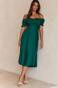 Linka Off-Shoulder Tie Back Midi Dress Forest Green -Bridal Dr. Denim Store 62235bk13 forest green 6 2