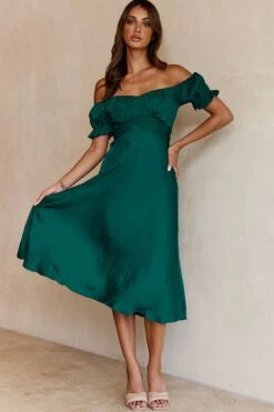 Linka Off-Shoulder Tie Back Midi Dress Forest Green -Bridal Dr. Denim Store 62235bk13 forest green 7 1