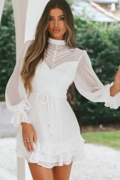 Lark High Neck Balloon Sleeve Dress White -Bridal Dr. Denim Store 62631DS08 20WHITE 4