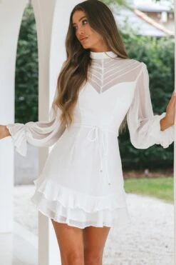 Lark High Neck Balloon Sleeve Dress White -Bridal Dr. Denim Store 62631DS08 20WHITE 6