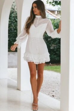 Lark High Neck Balloon Sleeve Dress White -Bridal Dr. Denim Store 62631DS08 20WHITE 7