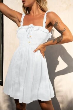 Flynn Frill Strap Shirred Bust Dress White -Bridal Dr. Denim Store 62705B01 WHITE 4