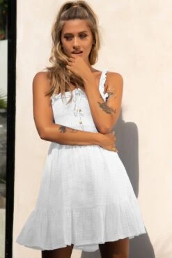 Flynn Frill Strap Shirred Bust Dress White -Bridal Dr. Denim Store 62705B01 WHITE 6