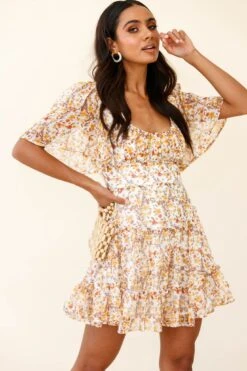 Stolen Moments Angel Sleeve Ruffle Dress Floral Print Yellow Multi -Bridal Dr. Denim Store 62824D YELLOW MULTI 4