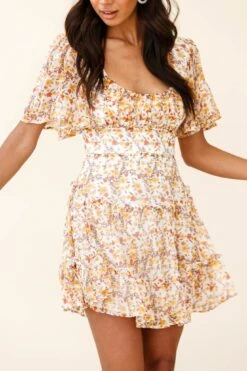 Stolen Moments Angel Sleeve Ruffle Dress Floral Print Yellow Multi -Bridal Dr. Denim Store 62824D YELLOW MULTI 5