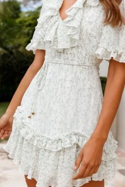 Las Palmas Frill Trim Keyhole Back Dress Floral Print Green -Bridal Dr. Denim Store 62873D GREEN 4