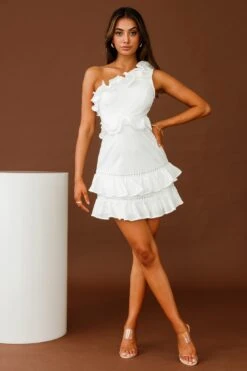 Sorority One-Shoulder Ruffle Trim Dress White -Bridal Dr. Denim Store 63067D02 WHITE 2