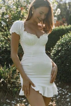 Heaven Sent Ruched Bust Puff Sleeve Dress White -Bridal Dr. Denim Store 63111B WHITE 8