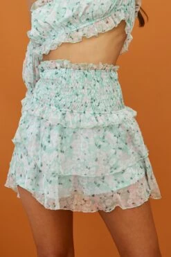 Hearts Beat Shirred Waist Layered Skirt Floral Print Mint -Bridal Dr. Denim Store 63238D S MINT 4