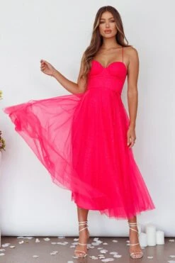 Smitten Sweetheart Neckline Chiffon Midi Dress Fuchsia -Bridal Dr. Denim Store 63309H02 20FUCHSIA 4