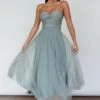 Smitten Lace Insert Tulle Midi Dress Sage