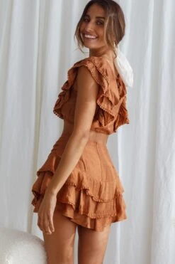 Wild And Free Pintuck Pleat And Layered Ruffle Shorts Tan -Bridal Dr. Denim Store 63362D S TAN 8