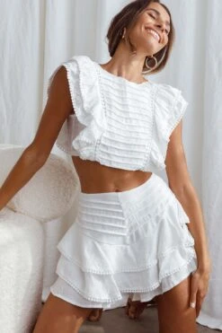 Wild And Free Pintuck Pleat And Layered Ruffle Shorts White -Bridal Dr. Denim Store 63362D S WHITE 2