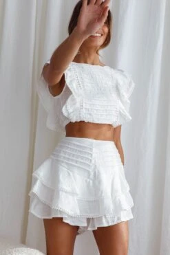 Wild And Free Pintuck Pleat And Layered Ruffle Shorts White -Bridal Dr. Denim Store 63362D S WHITE 6