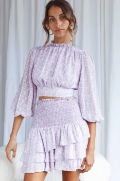 Whisked Away Shirred Waist Layered Mini Skirt Floral Print Lilac 10 Whisked Away Shirred Waist Layered Mini Skirt Floral Print Lilac -Bridal Dr. Denim Store 63378D S LILAC 2