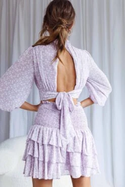 Whisked Away Shirred Waist Layered Mini Skirt Floral Print Lilac 12 Whisked Away Shirred Waist Layered Mini Skirt Floral Print Lilac -Bridal Dr. Denim Store 63378D S LILAC 5