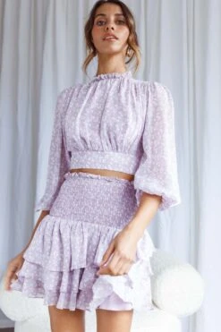 Whisked Away Shirred Waist Layered Mini Skirt Floral Print Lilac 14 Whisked Away Shirred Waist Layered Mini Skirt Floral Print Lilac -Bridal Dr. Denim Store 63378D S LILAC 7