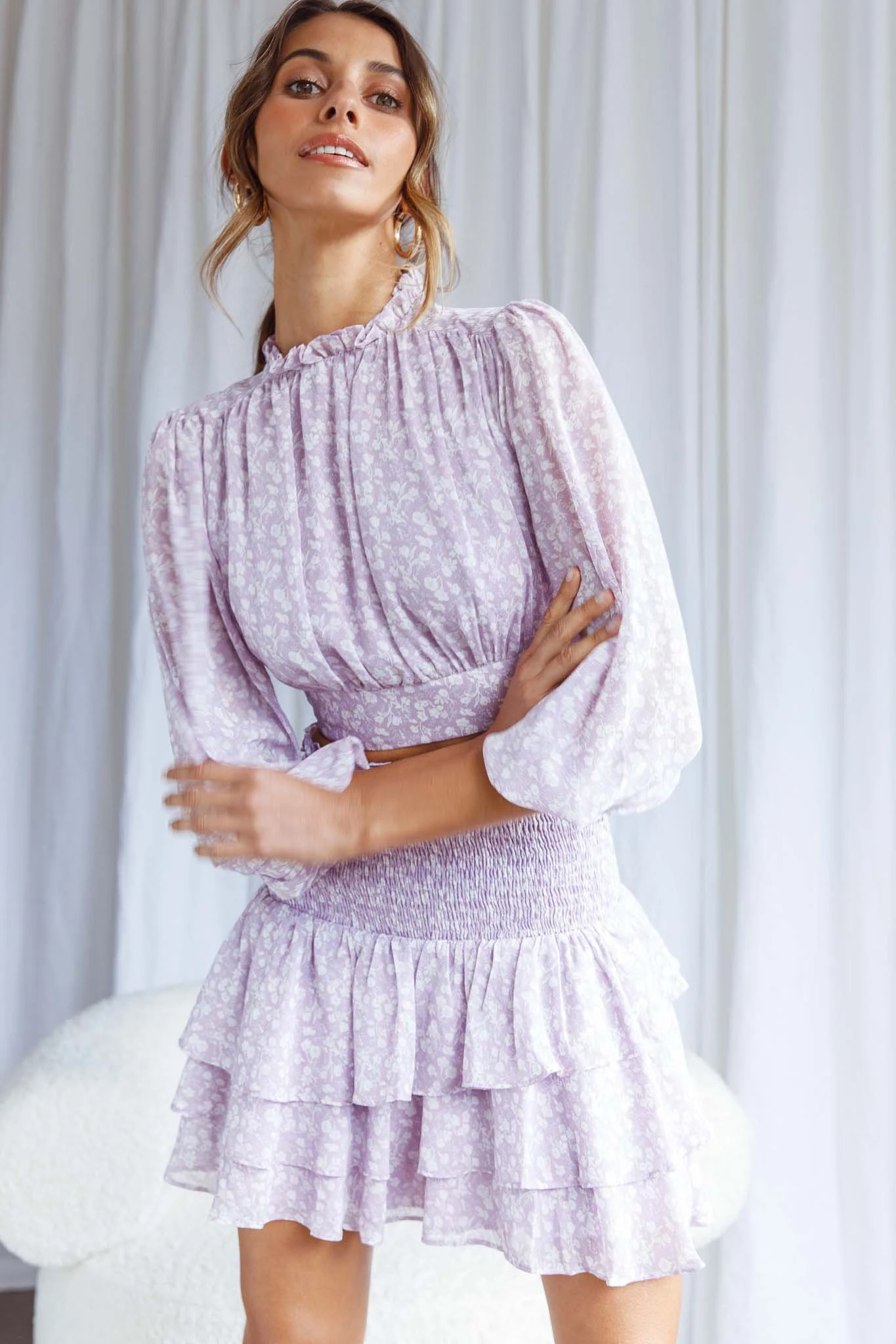 Whisked Away Shirred Waist Layered Mini Skirt Floral Print Lilac 8 Whisked Away Shirred Waist Layered Mini Skirt Floral Print Lilac - Image 8