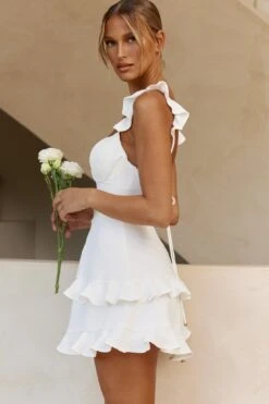 Moonlit Moment Ruffle Trim Piping Detail Lace-Up Back Dress White -Bridal Dr. Denim Store 63393J 20WHITE 6