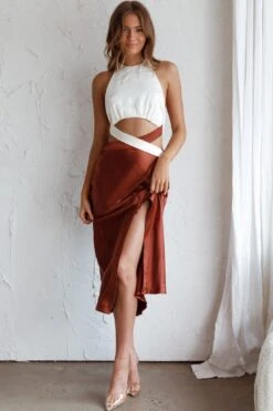 Social Butterfly Cut-Out Waist Midi Dress White Brown -Bridal Dr. Denim Store 63398J12 20BROWN 6