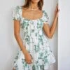 Amilie Shirred Waist Sundress Floral Print White/Olive