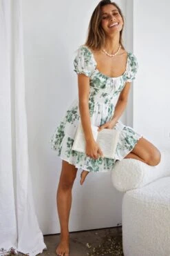 Amilie Shirred Waist Sundress Floral Print White/Olive -Bridal Dr. Denim Store 63405J04 20WHITE OLIVE 2