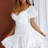Camille Gathered Bodice Puff Sleeve Flounce Hem Mini Dress White