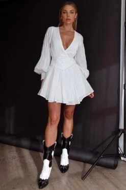 Sweet Escape Lantern Sleeve Pintuck Dress White -Bridal Dr. Denim Store 63795B 20WHITE 8