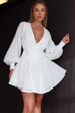 Sweet Escape Lantern Sleeve Pintuck Dress White -Bridal Dr. Denim Store 63795B 20WHITE 9