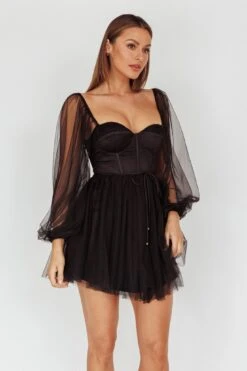 Fairytale Dream Sheer Sleeve Mini Dress Black -Bridal Dr. Denim Store 63830B 20BLACK 6