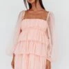 Spring Morning Long Sleeve Tiered Mini Dress Pink