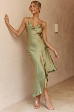 Morning Sun Cowl Neckline Asymmetrical Hem Midi Dress Olive -Bridal Dr. Denim Store A0216D 20OLIVE 5