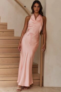 India Cowl Halterneck Satin Maxi Dress Blush 9 India Cowl Halterneck Satin Maxi Dress Blush -Bridal Dr. Denim Store A0249D 20BLUSH 4