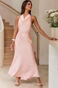 India Cowl Halterneck Satin Maxi Dress Blush 10 India Cowl Halterneck Satin Maxi Dress Blush -Bridal Dr. Denim Store A0249D 20BLUSH 5