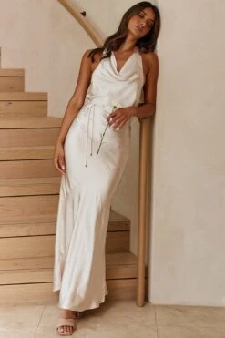 India Cowl Halterneck Satin Maxi Dress Champagne -Bridal Dr. Denim Store A0249D 20CHAMPAGNE 5