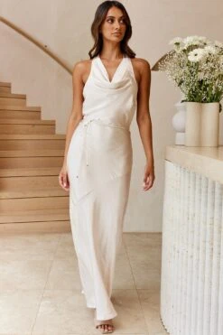 India Cowl Halterneck Satin Maxi Dress Champagne -Bridal Dr. Denim Store A0249D 20CHAMPAGNE 6