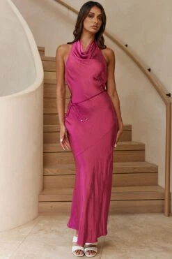 India Cowl Halterneck Satin Maxi Dress Fuchsia -Bridal Dr. Denim Store A0249D 20FUCHSIA 4