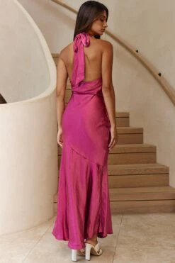 India Cowl Halterneck Satin Maxi Dress Fuchsia -Bridal Dr. Denim Store A0249D 20FUCHSIA 6