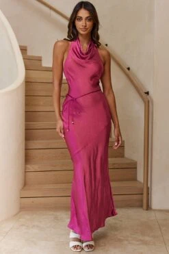 India Cowl Halterneck Satin Maxi Dress Fuchsia -Bridal Dr. Denim Store A0249D 20FUCHSIA 7